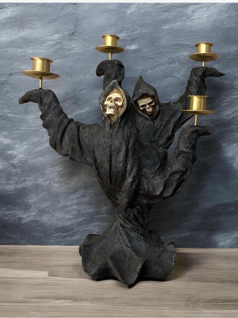Grim Reaper Dual-Headed Candle Holder — Black with Gold Accents